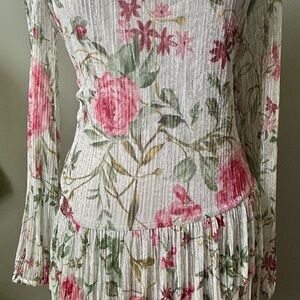 Floral Pleated Metallic Knit Dress - Pink & Green